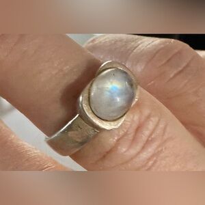 Vintage Rainbow Moonstone Cabochon Ring, Sterling Silver Boho Jewelry, Size 7.5